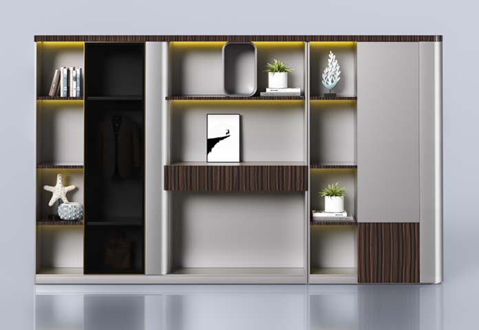 Floor-Standing Executive Storage Wall with Open Shelves, Coat Bay and Door Cabinet ESW-3600-2200-MIX