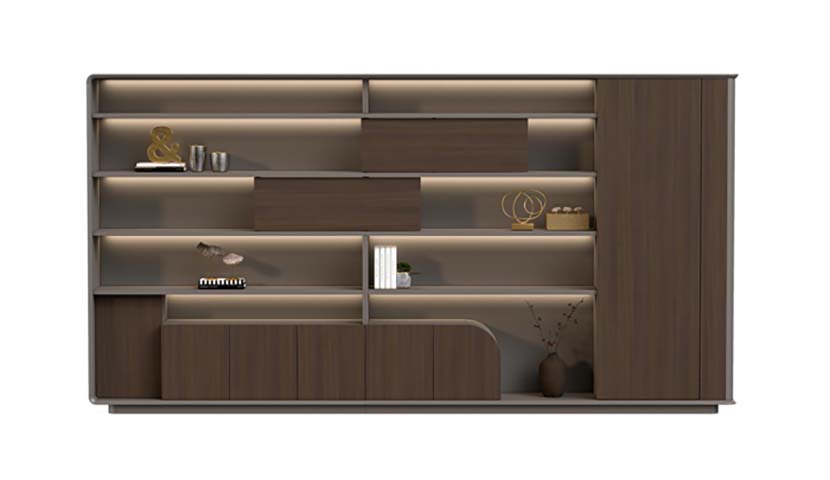 Brown Wood-Grain Display Storage Wall with Integrated LED Shelves and Tall Cabinet DSW-LED-3600-400-2200
