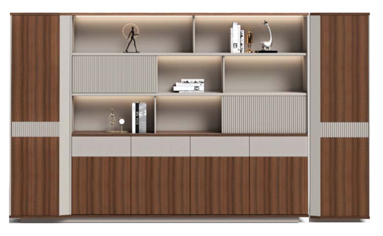 Walnut and Greige Five-Bay Modular Office Display Storage Cabinet OFC-DSP-3600-WG