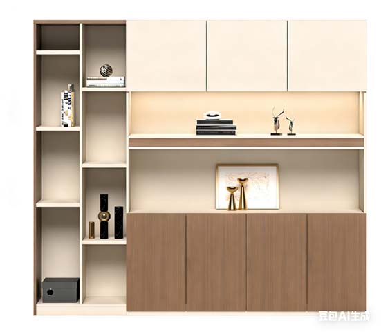 Floor-Standing Combined Display Storage Cabinet with Open Shelves, Illuminated Display Niche, and 7 Doors DSC-3200-2400-400-7D