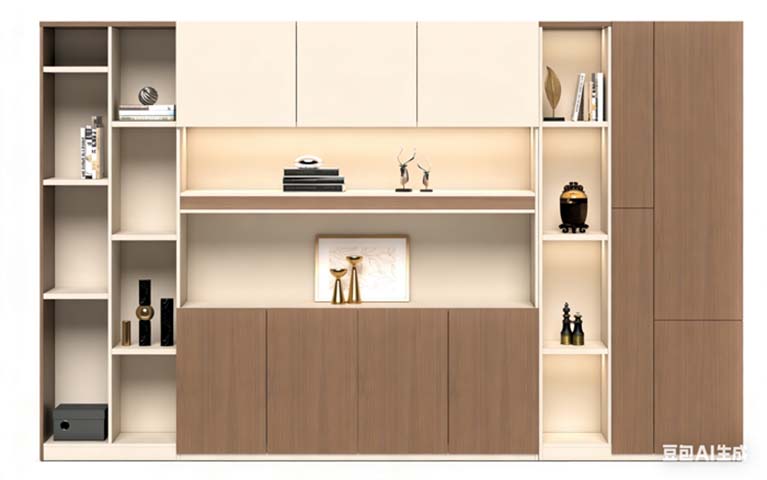Full-Wall Mixed Open and Closed Storage Cabinet with Display Shelving FWB-MIX-3200-2400-400