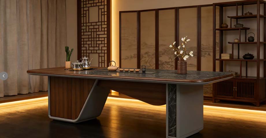 Large Rectangular Tea and Conference Table with Stone Inset and Sculptural Pedestals TC-2800-STONE-DUAL-PEDESTAL