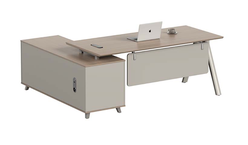 L-Shaped Executive Office Desk with Side Storage Cabinet and Cable Port ED-LS-1800-CAB-OAK