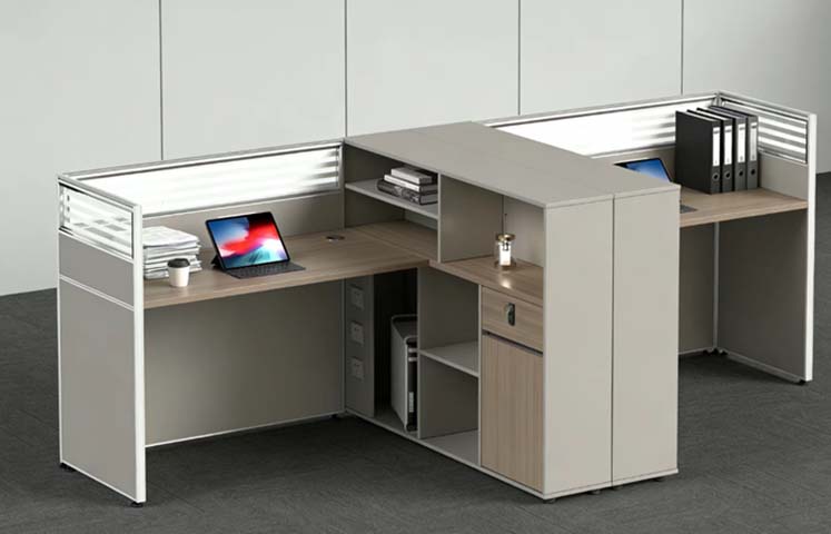 Two-Person L-Shaped Panel Workstation with Central Storage and Privacy Screens WS-CR2-LS-2800
