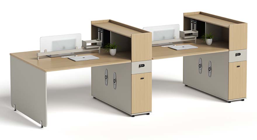 Two-Person Back-to-Back Modular Office Workstation with Integrated Storage and Dividers WS-2P-B2B-3200-OAK-GRY