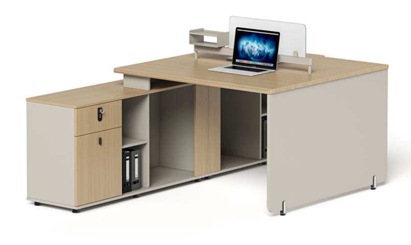 L-Shaped Executive Workstation with Integrated Storage Pedestal and Desktop Privacy Panel EDU-LS-1800-STG-GRY-OAK