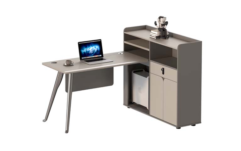 L-Shaped Workstation Desk with Integrated Hutch and Lockable Storage Cabinet LWD-HC1400-CAB1200-GY