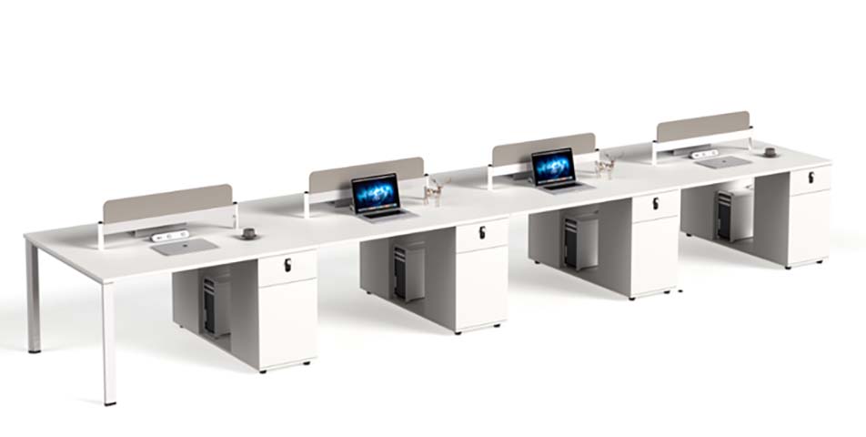 Four-Person Linear Panel-Base Workstation with Low Dividers and Fixed Pedestals WS-L4-6000-WH-PD