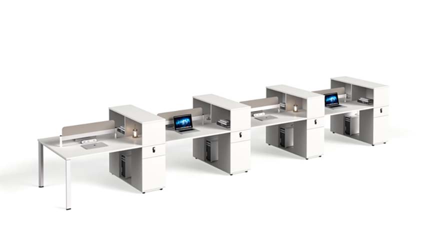 Four-Person Linear Modular Workstation with Storage Dividers WS-L4-PED-WH