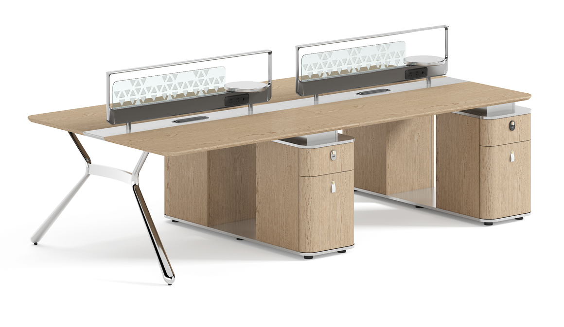 Four-Person Shared Office Workstation with Glass Dividers, Power Modules and Locking Pedestals WS-4P-OAK-GLS-PED