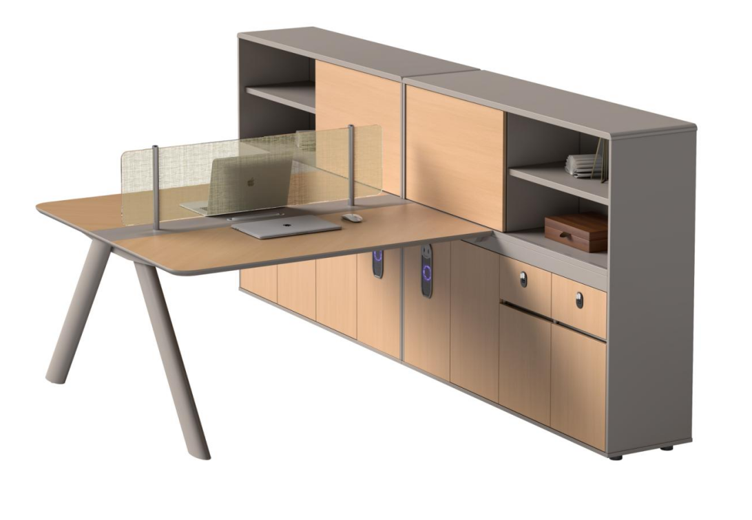 Two-Person Workstation with Integrated Storage Credenza and Frosted Divider WS-2P-CREDENZA-3200
