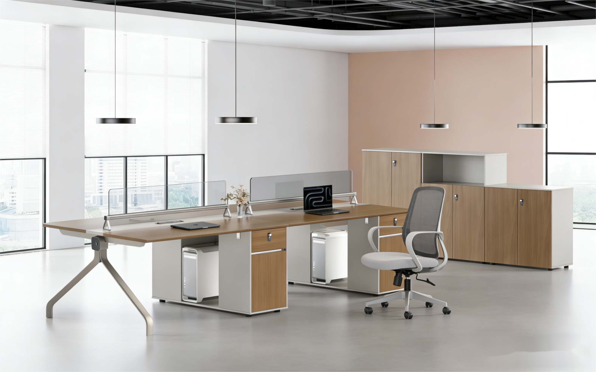 Four-Person Panel-Based Office Workstation with Glass Dividers and Mobile Pedestals WS-4P-WOOD-2800