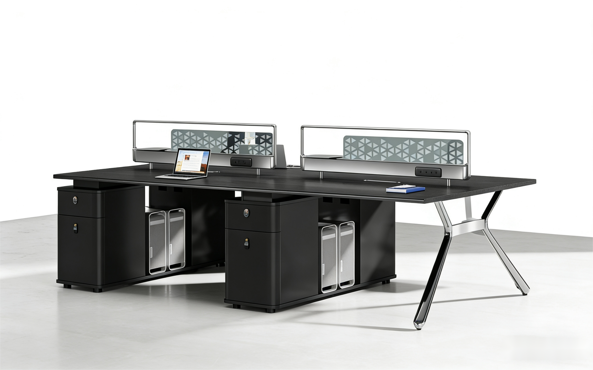 Four-Person Modular Office Workstation with Privacy Screens and Mobile Pedestals WS-4P-BLK-DIV-PEDESTAL