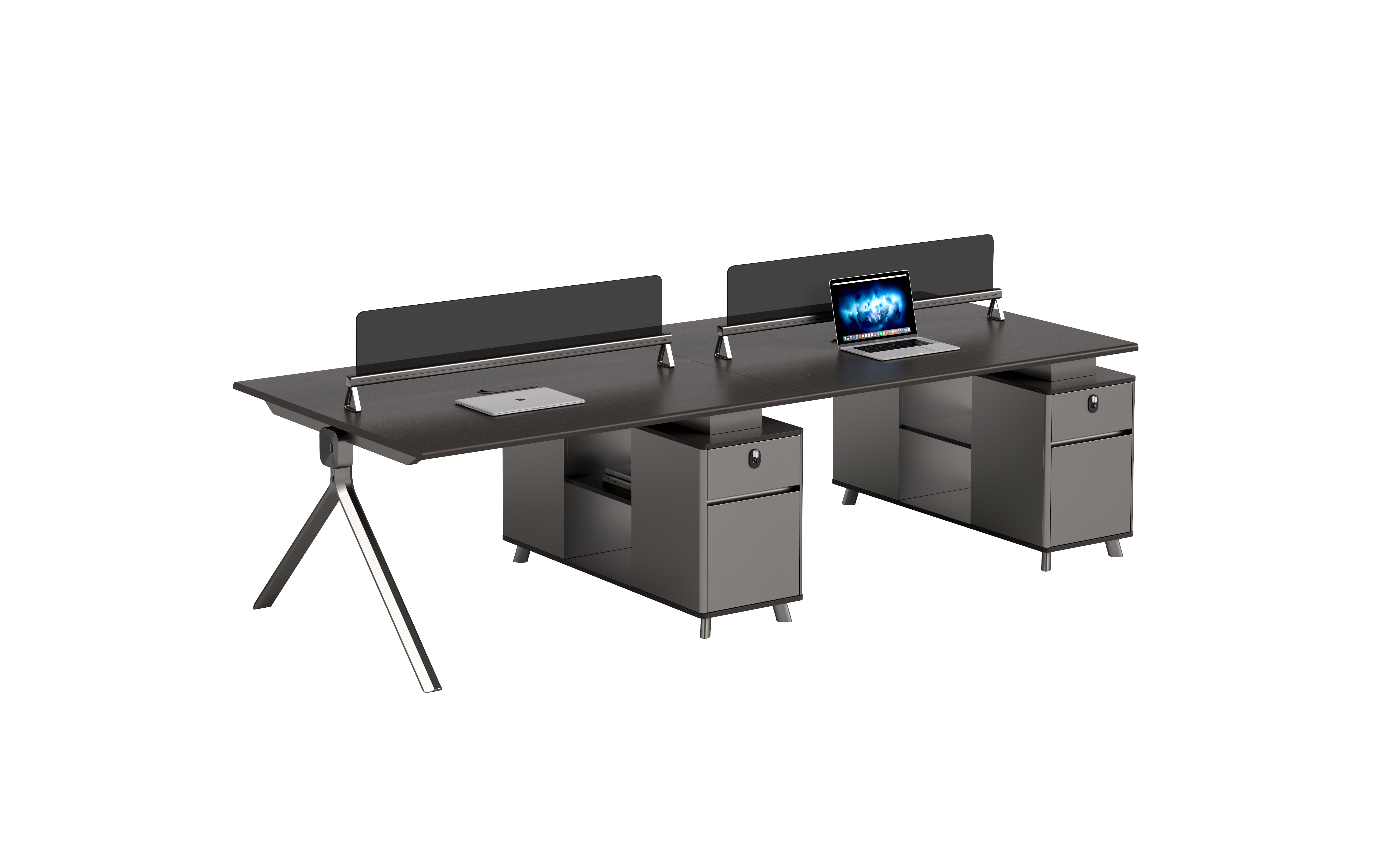 Four-Person Bench Workstation with Central Pedestals and Divider Screens WS-BENCH-4P-2812-750