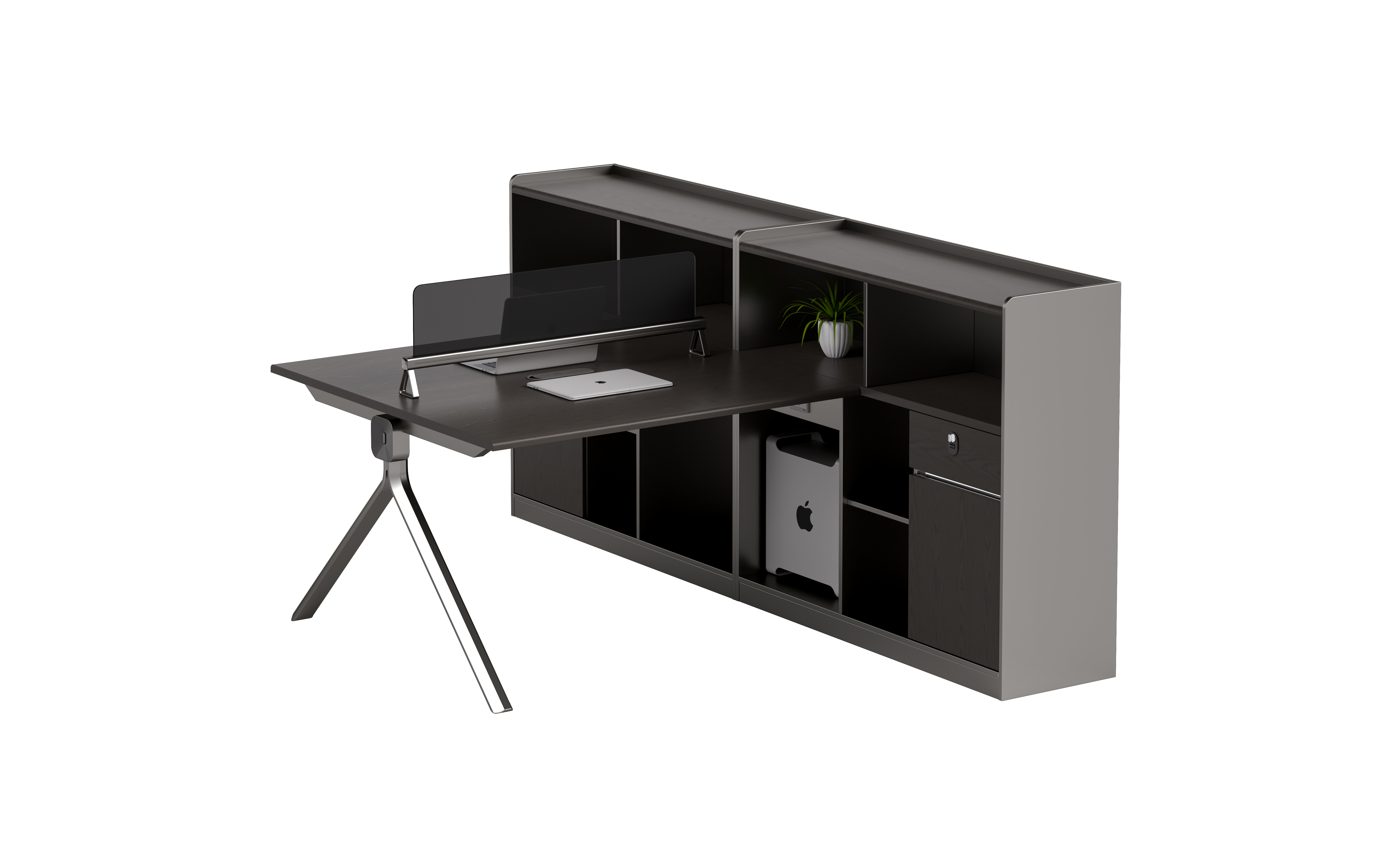 Two-Person Linear Workstation with Integrated Hutch Storage and Privacy Screen WS-LNR-2P-HUTCH-3200