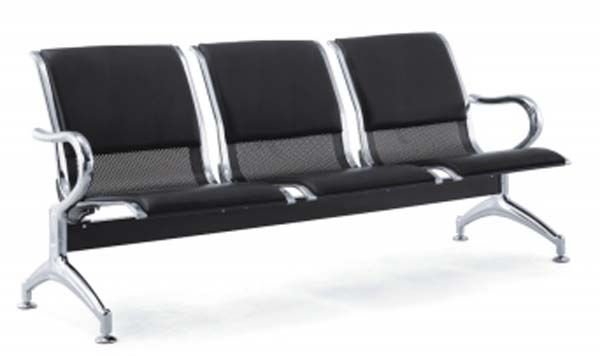 Three-Seat Chrome Frame Public Waiting Bench with Padded Black Upholstery