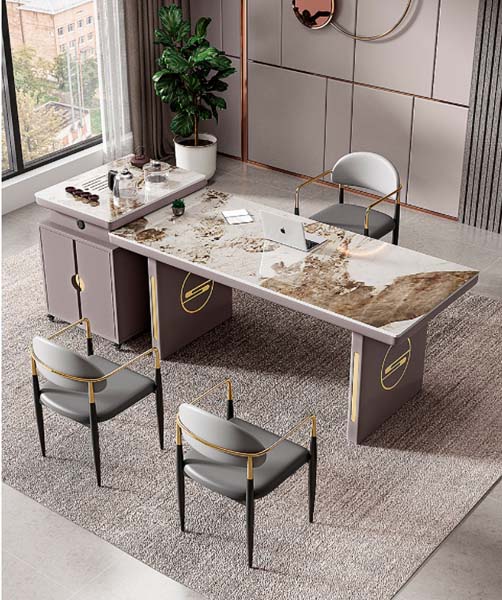 Light Luxury Multifunctional Extendable Office Tea Desk with 3 Matching Armchairs