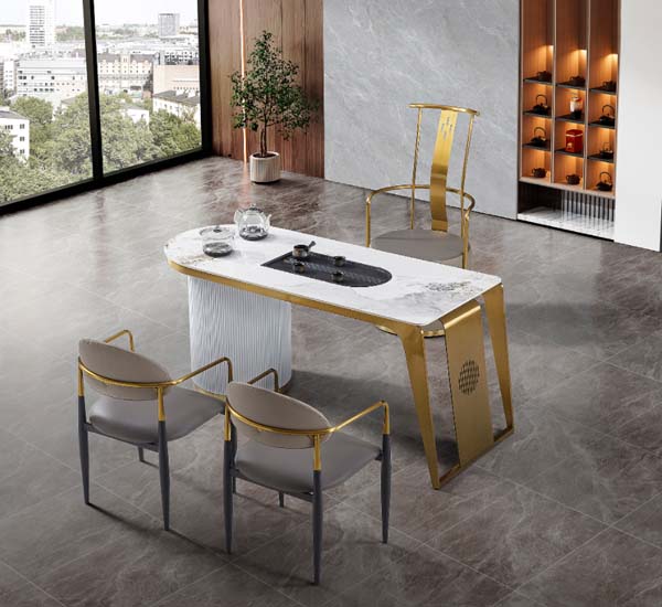 Modern Luxury Stone Top Tea Table Set with 3 Upholstered Chairs
