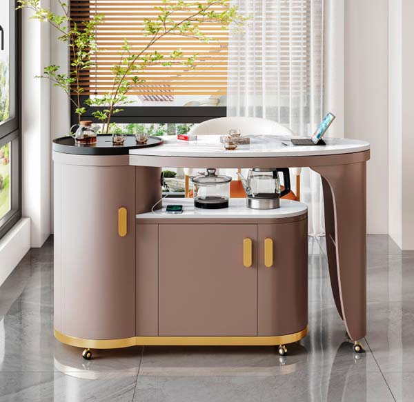 Extendable Mobile Tea Table with Integrated Tea Service Cabinet