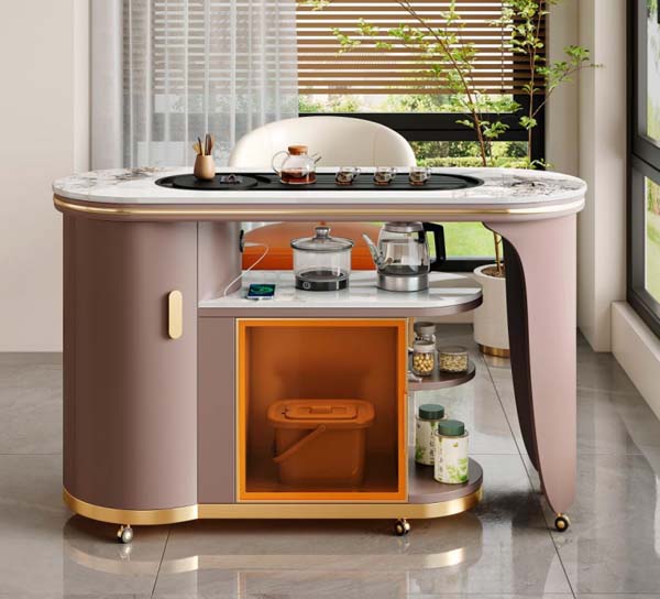 Mobile Stone-Top Tea Brewing Console with Integrated Appliance Storage