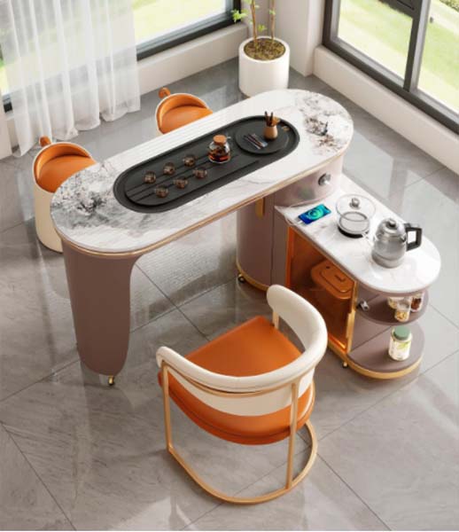 Modern Luxury Stone Top Tea Table Set with Mobile Side Cabinet and 3 Upholstered Chairs