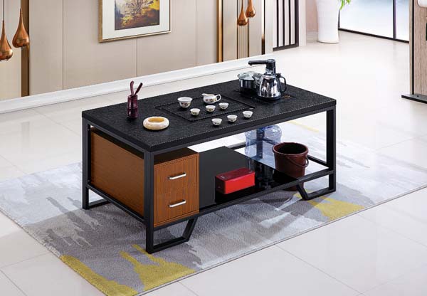 Black Metal Frame Tea Table with Integrated Tea Service Station and Storage