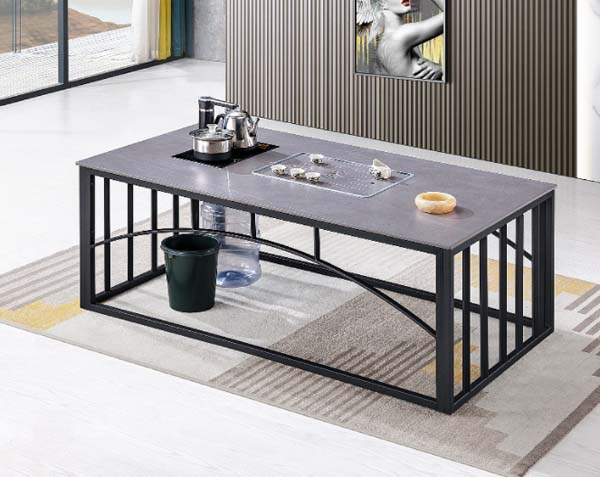 Rectangular Stone-Top Metal Frame Tea Coffee Table with Integrated Tea Service Station