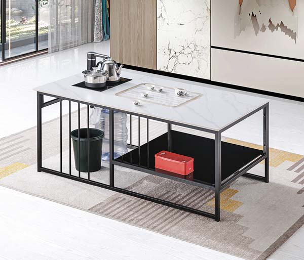 Rectangular Marble-Top Metal Frame Tea Coffee Table with Integrated Tea Station and Lower Storage Shelf