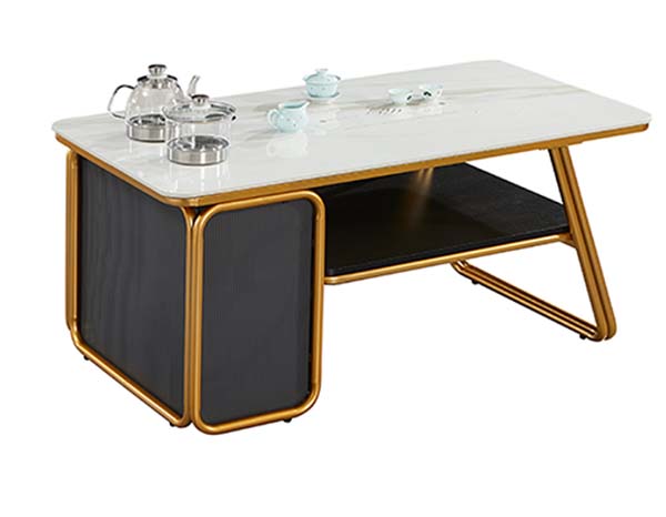 Rectangular Glossy White Gold-Framed Tea Coffee Table With Lower Open Shelf