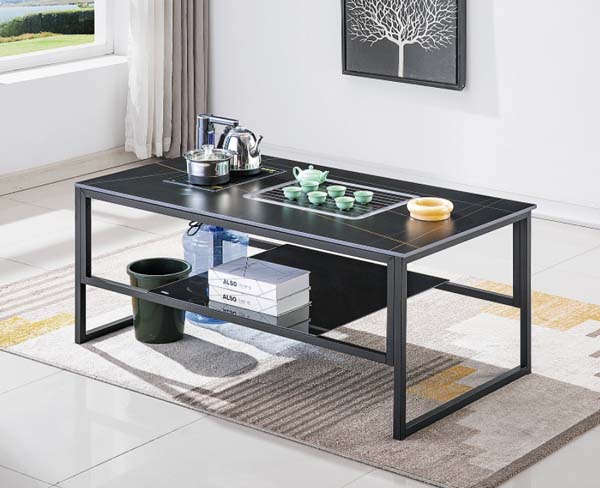 Black Frame Stone Top Tea Coffee Table with Integrated Tea Drain