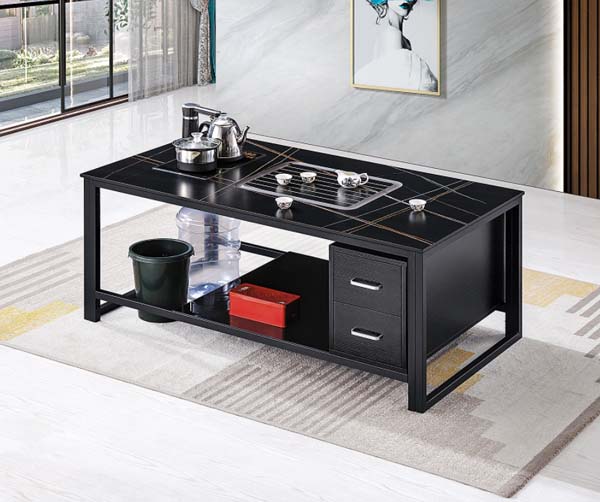Modern Black Glass Top Tea Coffee Table with Integrated Tea Set Mount and Storage Drawers
