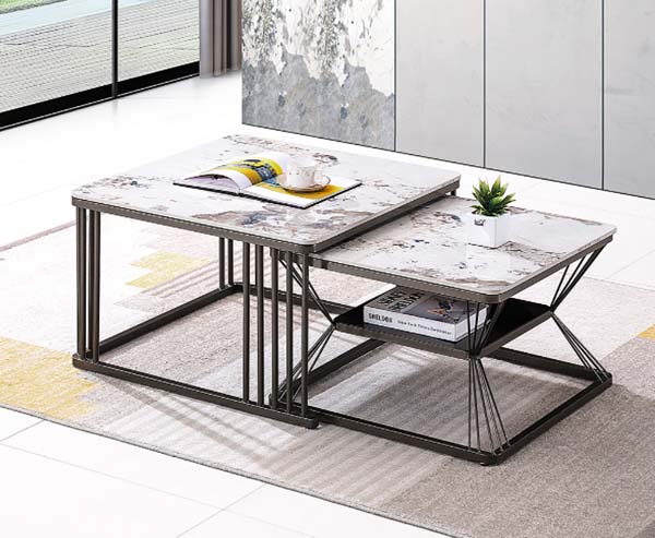 Modern Nesting Square Coffee Table Set, Sintered Stone Top, Black Metal Frame with Lower Shelf
