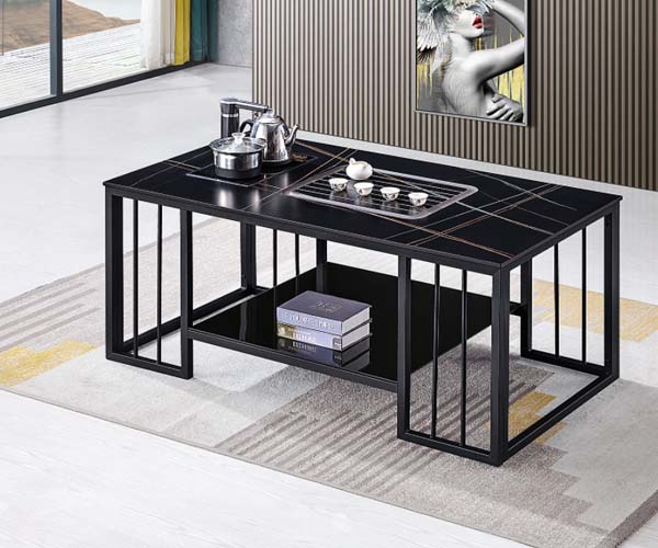 Black Metal Frame Stone Top Tea Coffee Table with Integrated Tea Service