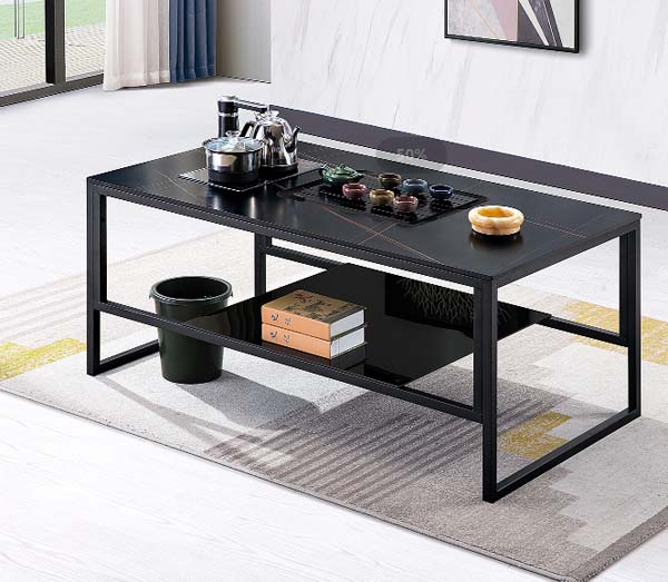Modern Black Frame Tea Table with Lower Storage Shelf and Integrated Tea Set Platform