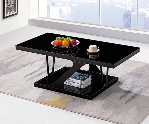 Black High-Gloss Rectangular Coffee Table with Lower Storage Shelf