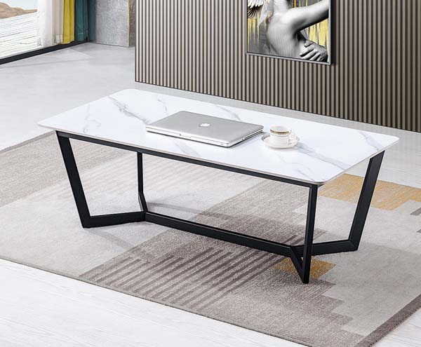 Rectangular White Marble-Look Coffee Table with Black Angular Metal Frame