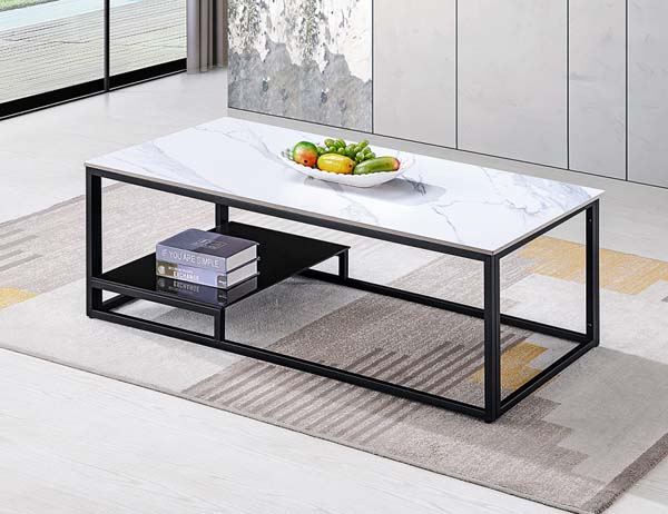 Rectangular 2-Tier Marble Pattern Coffee Table with Black Metal Frame