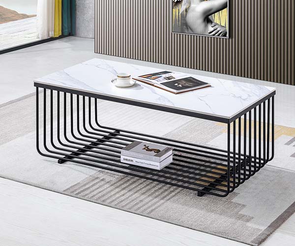 Modern Rectangular Coffee Table with White Marble Effect Top and Black Metal Frame