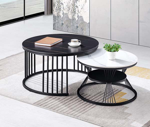 Round Nesting Coffee Table Set, 2-Piece Sintered Stone Top Black Metal Frame