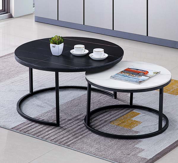 Nesting Round Coffee Table Set, 2-Piece Black and White Faux Stone Top Black Metal Frame
