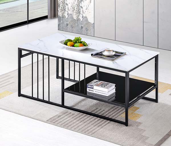 2-Tier Rectangular Coffee Table with White Marble-Veined Top and Black Metal Frame