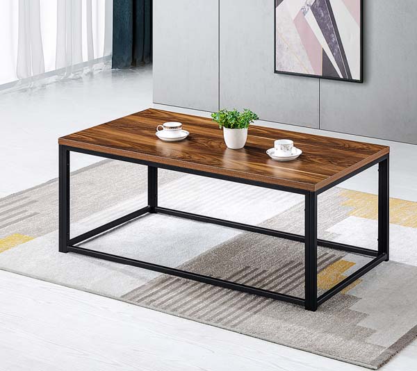 Rectangular Walnut Wood Grain Coffee Table with Black Metal Open Frame
