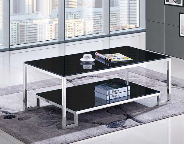 Double-Tier Black Glass Coffee Table with Polished Stainless Steel Frame