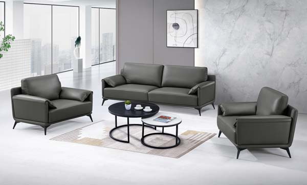 3+1+1 Contemporary Dark Gray Leather Office Reception Sofa Set with Nesting Coffee Tables