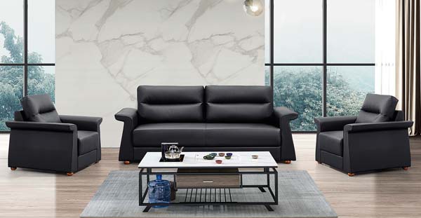 3-Piece Black Faux Leather Office Reception Sofa Set with Matching Armchairs