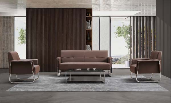 Brown Faux Leather Office Reception Sofa Set with Cantilever Chrome Frame (3-Seater + 2 Single Armchairs)