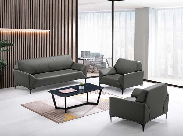 Modern Dark Gray Faux Leather Executive Office Reception Sofa Set with Coffee Table