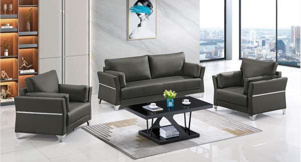 3-Piece Dark Gray Faux Leather Office Reception Sofa Set with Black Glass Coffee Table