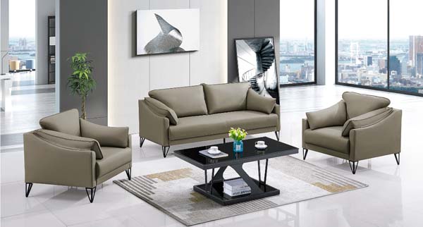 Khaki Faux Leather 3-Piece Office Reception Seating Set with Black Glass Coffee Table