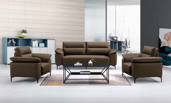 3-Piece Brown Faux Leather Office Reception Sofa Set with Coffee Table